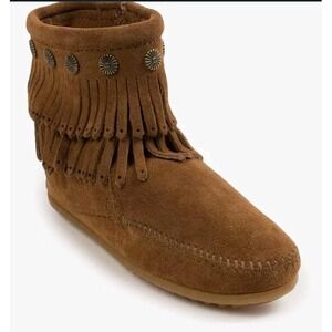 Minnetonka Boots Womens 11 Double Fringe Studded Zip Low Boot‎ Brown Suede